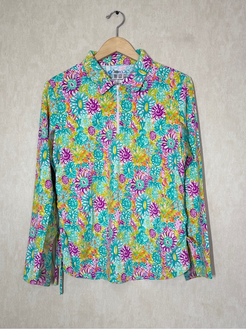 IBKUL Women’s Quarter Zip Longsleeve Pullover Shirt in Lilli Violet Multi XL
